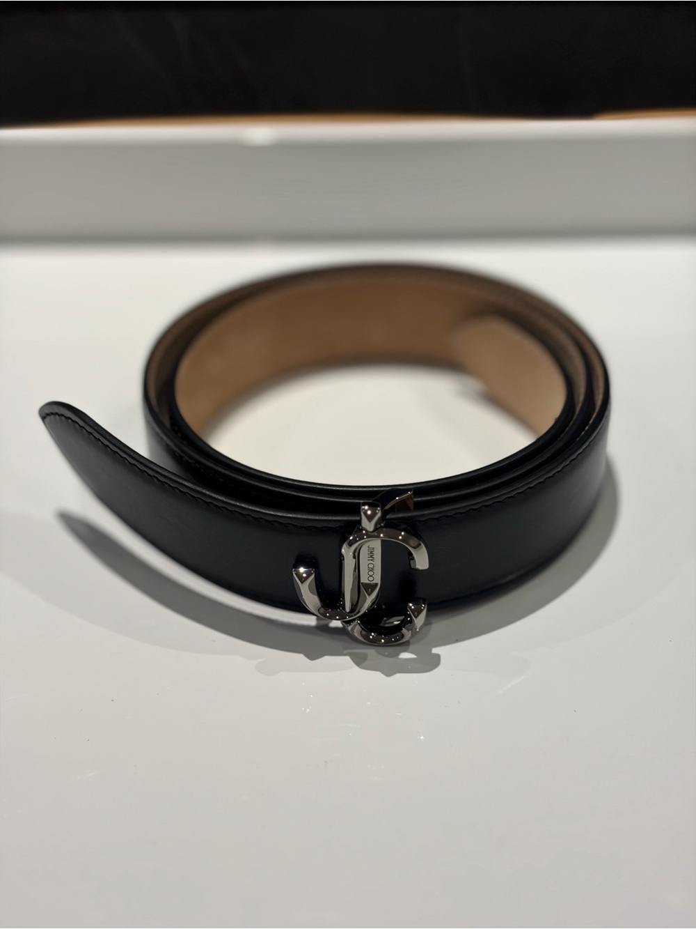 Jimmy Choo Black Leather Belt with Silver JC Logo Buckle - 80cm